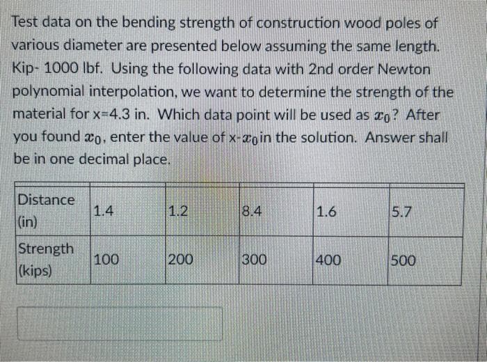 Test data on the bending strength of construction wood poles of
various diameter are presented below assuming the same length.
Kip- 1000 lbf. Using the following data with 2nd order Newton
polynomial interpolation, we want to determine the strength of the
material for x=4.3 in. Which data point will be used as ao? After
you found o, enter the value of x-aoin the solution. Answer shall
be in one decimal place.
Distance
(in)
Strength
(kips)
1.4
100
1.2
200
8.4
300
1.6
400
5.7
500