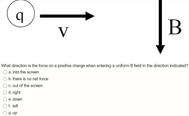 V
B
What direction is the force on a positive charge when entering a uniform B field in the direction indicated?
a. into the screen
b. there is no net force
c. out of the screen
d. right
e. down
O f. left
g. up
