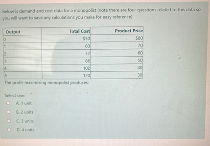 Below is demand and cost data for a monopolist (note there are four questions related to this data so
you will want to save any calculations you make for easy reference):
Output
Total Cost
Product Price
$80
$50
60
70
72
86
102
120
The profit-maximizing monopolist produces:
60
50
40
30
is
Select one:
O A1 unit
O B.2 units
C3 units
D. 4 units
