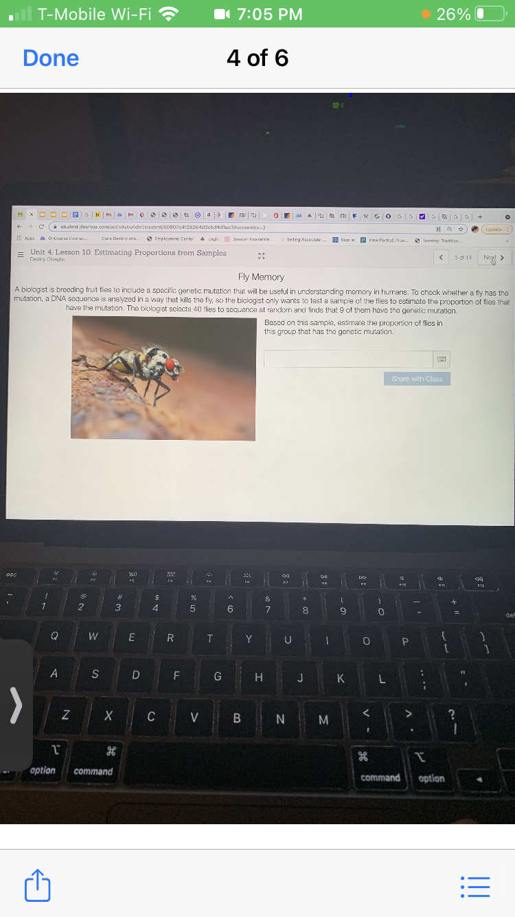 T-Mobile Wi-Fi ?
1 7:05 PM
• 26% O
Done
4 of 6
BG|H| Ma MO ee|e FL O a E FU
FIJ FOL FJ
W
G
FOL GG +
( student desmos.com/activitybuider/student/GO907e4r0a264dacbd4dlac3Ascreelox=3
Update
! Acps
a O Ceurau Cenc.
Crs Destiny sn.
O Emplesmont Center ogin Seian epratien
* Login Se eration
b Selng Aasociate.
M Sien in P vew Portrah og..
* Nurring: Tradition.
= Unit 4, Lesson 10: Estimating Proportions from Samples
Destiry Oloegtu
3 of 14
Next >
Fly Memory
A biologist is breeding fruit flies to include a specific genetic mutation that will be useful in understanding momory in humans. To chock whether a fly has the
mutation, a DNA sequence is analyzed in a way that kills the fly, so the biologist only wants to test a sample of the flies to estimate the proportion of flias that
have the mutation. The biologist solocts 40 flies to scquence at random and finds that 9 of them have the genetic mutation.
Based on this sample, estimate the proportion of flies in
this group that has the gonetic mutation.
Share with Class
DO
ra
#3
&
1
8
9
dek
W
R
T
Y U
O P
A
F G H J K L
S
D
C V B N
>
option
command
command
option
....
