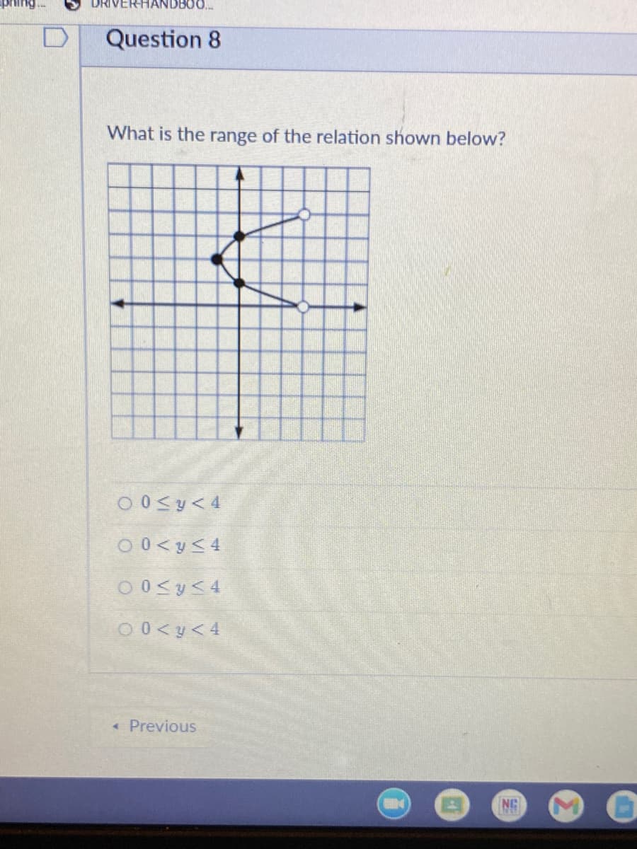 DRIVER-HANDBO.
Question 8
What is the range of the relation shown below?
O 0Sy<4
O 0 <y<4
O 0< y< 4
« Previous
NG
