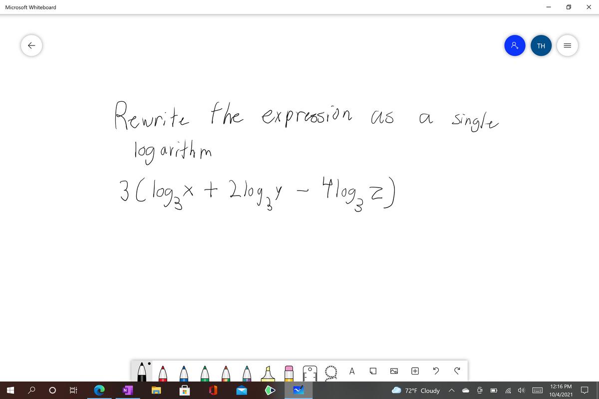 **Topic: Simplifying Logarithmic Expressions**

**Objective:**
Rewrite the following expression as a single logarithm:

\[ 3(\log_3 x + 2\log_3 y - 4\log_3 z) \]

**Instructions:**

To simplify this expression, apply the following logarithmic properties:

1. **Product Property**: \(\log_b (MN) = \log_b M + \log_b N\)
2. **Quotient Property**: \(\log_b \left(\frac{M}{N}\right) = \log_b M - \log_b N\)
3. **Power Property**: \(a \log_b M = \log_b (M^a)\)

**Steps:**

1. Apply the power property to each term inside the parenthesis:
   - \(\log_3 x\) remains \(\log_3 x\)
   - Convert \(2\log_3 y\) to \(\log_3 (y^2)\)
   - Convert \(-4\log_3 z\) to \(-\log_3 (z^4)\)

2. Combine the logarithms inside the parenthesis:
   - Use the product and quotient properties:
   - \(\log_3 x + \log_3(y^2) - \log_3(z^4) = \log_3 \left(\frac{x \cdot y^2}{z^4}\right)\)

3. Apply the multiplied factor outside the parenthesis using the power property:
   - \(3 \cdot \log_3 \left(\frac{x \cdot y^2}{z^4}\right) = \log_3 \left(\left(\frac{x \cdot y^2}{z^4}\right)^3\right)\)

4. Simplified expression:
   - \(\log_3 \left(\frac{x^3 \cdot y^6}{z^{12}}\right)\)

By following these steps, the given expression is rewritten as a single logarithm:

\[ \log_3 \left(\frac{x^3 \cdot y^6}{z^{12}}\right) \]