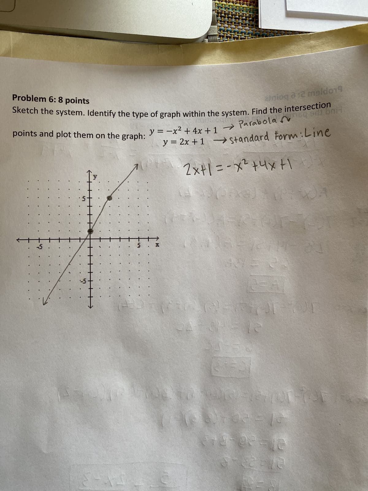 atniog a 12 maldo19
Problem 6: 8 points
Sketch the system. Identify the type of graph within the system. Find the intersection
points and plot them on the graph:
4
רי
3
y = -x² + 4x + 1 Parabolag of bait
y = 2x+1 → Standard Form: Line
!!!!!
5
2-10
2x+1=-x²+4x H+
(2008)
2016-1214-23
220-230 22-
COWERF OF
2-14
252
TO FURENT-YOF
4260702-12
272-02-12
2722-12