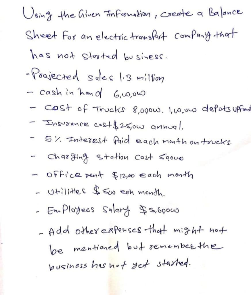 Osing the Given Tn Fusmadion, cseate a Balance
Sheet for an electric tronsfort Company that
has not stoyted bu siness.
- Poajected sales l:3 million
cash in hon d 6,00,000
cast of Trucks 8,09ow. 1,00,0w defots UAfon
Insurance cost$25,0w anual.
1
5%. Interest Paid each nonth on trucks.
Char Fing station Cost Souo
office rent $12,00 each month
Utilittes $Sw eeh month.
EmPloyees Salary $8,6040
- Add other expenses thatt might not
be mentioned but remembes the
business has not yet starhed.
