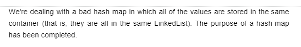 We're dealing with a bad hash map in which all of the values are stored in the same
container (that is, they are all in the same LinkedList). The purpose of a hash map
has been completed.