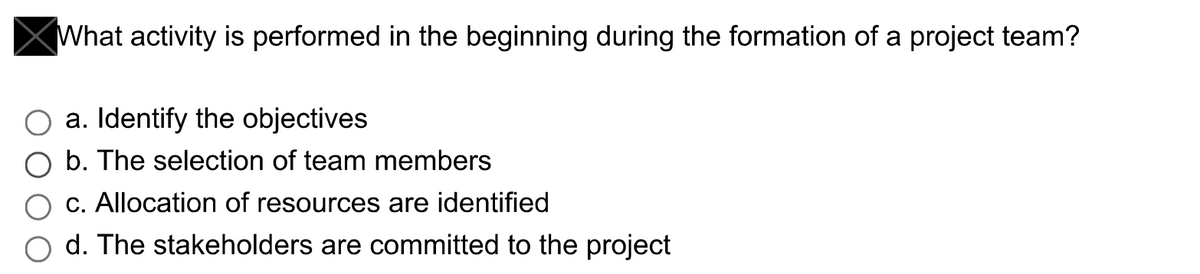 What activity is performed in the beginning during the formation of a project team?
a. Identify the objectives
b. The selection of team members
c. Allocation of resources are identified
d. The stakeholders are committed to the project