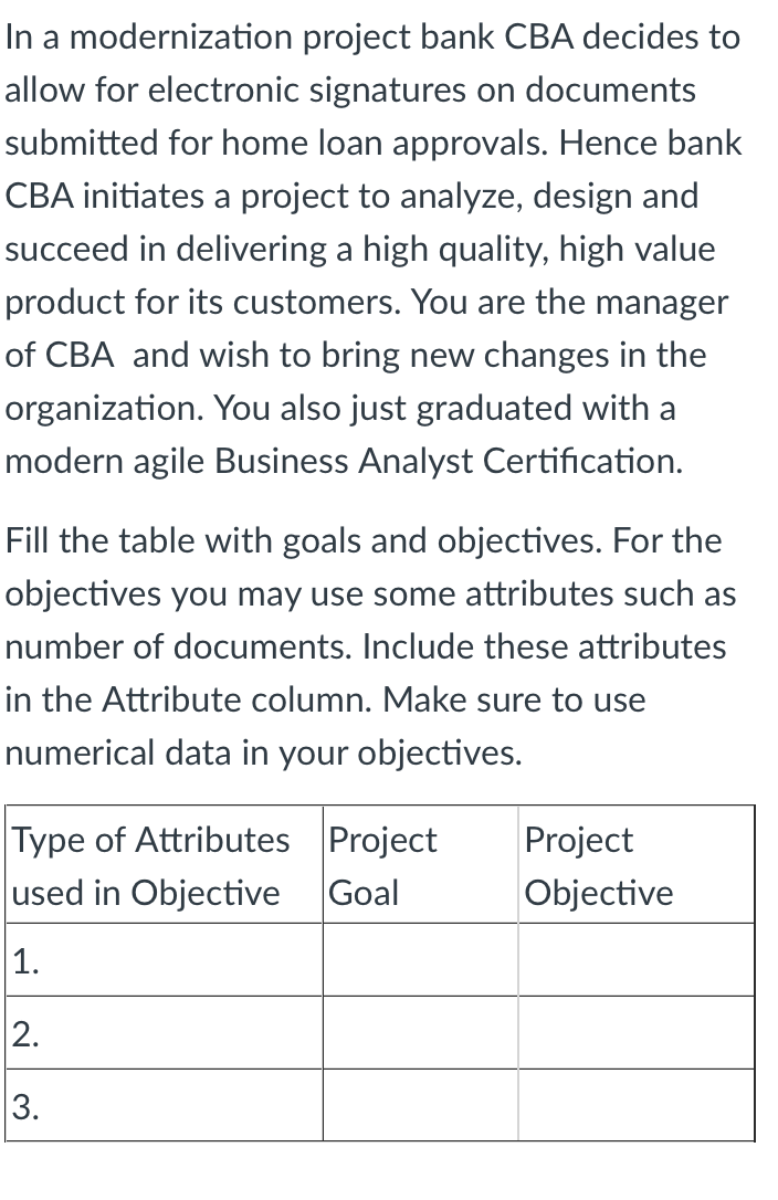 In a modernization project bank CBA decides to
allow for electronic signatures on documents
submitted for home loan approvals. Hence bank
CBA initiates a project to analyze, design and
succeed in delivering a high quality, high value
product for its customers. You are the manager
of CBA and wish to bring new changes in the
organization. You also just graduated with a
modern agile Business Analyst Certification.
Fill the table with goals and objectives. For the
objectives you may use some attributes such as
number of documents. Include these attributes
in the Attribute column. Make sure to use
numerical data in your objectives.
Type of Attributes Project
used in Objective
Project
Goal
Objective
|1.
2.
3.
