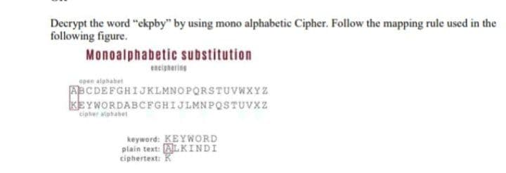 Decrypt the word "ekpby" by using mono alphabetic Cipher. Follow the mapping rule used in the
following figure.
Monoalphabetic substitution
open alphabet
ABCDEFGHIJKLMNOPQRSTUVWXYZ
KEYWORDABCFGHIJLMNPQSTUVXZ
cipher alphabet
keyword: KEYWORD
plain text: ALKINDI
ciphertext: K