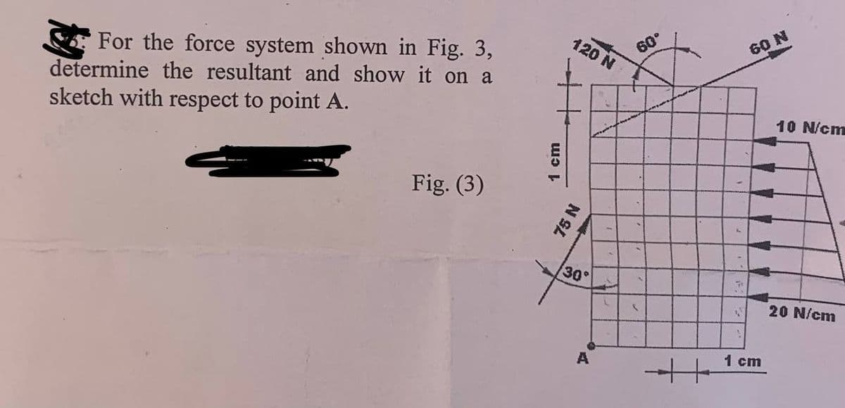 For the force system shown in Fig. 3,
determine the resultant and show it on a
sketch with respect to point A.
Fig. (3)
1 cm
120 N
75 N
30°
A
60°
60 N
10 N/cm
1 20 N/cm
!
1 cm