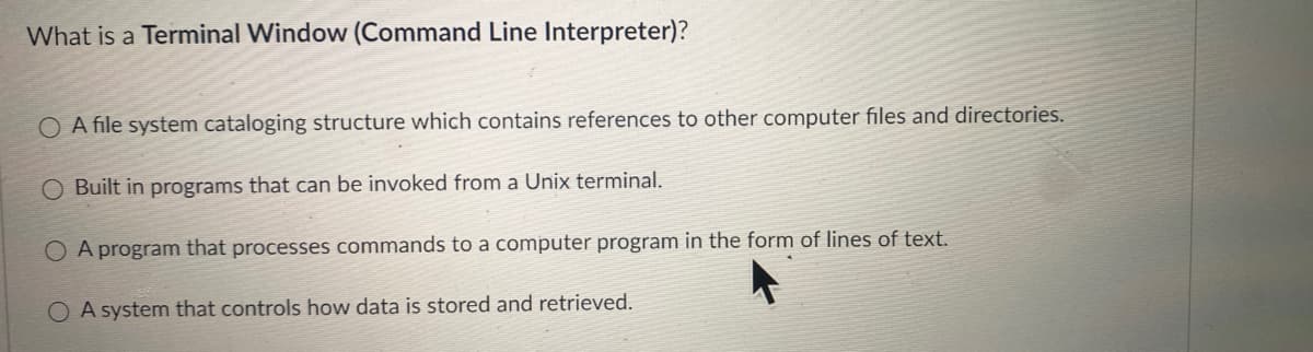 What is a Terminal Window (Command Line Interpreter)?
O A file system cataloging structure which contains references to other computer files and directories.
O Built in programs that can be invoked from a Unix terminal.
OA program that processes commands to a computer program in the form of lines of text.
OA system that controls how data is stored and retrieved.