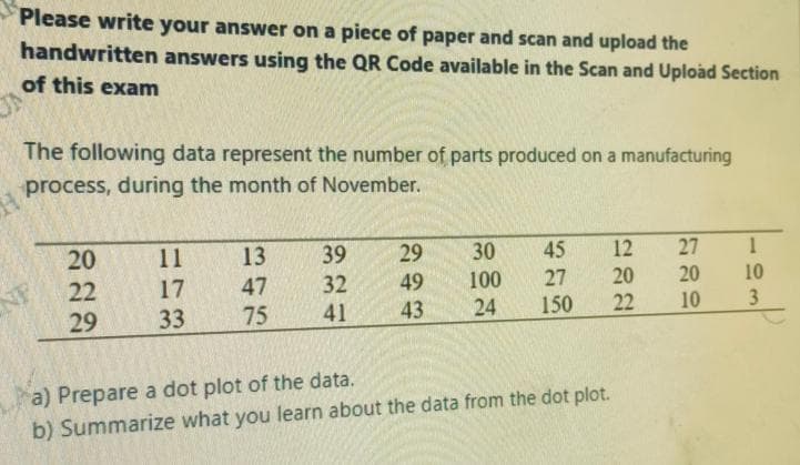 H
Please write your answer on a piece of paper and scan and upload the
handwritten answers using the QR Code available in the Scan and Upload Section
of this exam
The following data represent the number of parts produced on a manufacturing
process, during the month of November.
NF
20
22
29
11 13
17
47
33
75
39 29
32
49
41
43
30
45
100
27
24 150
a) Prepare a dot plot of the data.
b) Summarize what you learn about the data from the dot plot.
12 27
20
20
22
10
1
10
3