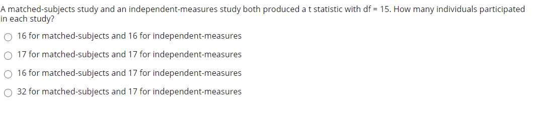 A matched-subjects study and an independent-measures study both produced a t statistic with df = 15. How many individuals participated
in each study?
O 16 for matched-subjects and 16 for independent-measures
O 17 for matched-subjects and 17 for independent-measures
O 16 for matched-subjects and 17 for independent-measures
32 for matched-subjects and 17 for independent-measures
