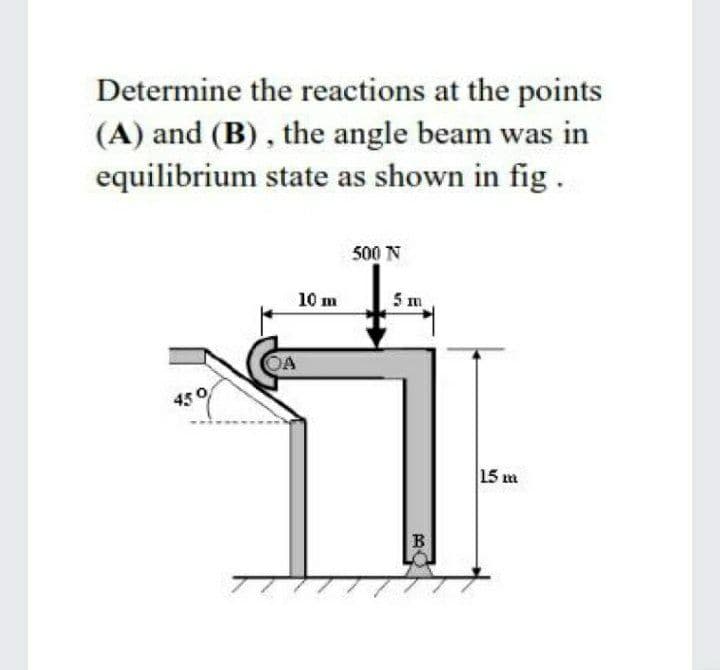 Determine the reactions at the points
(A) and (B), the angle beam was in
equilibrium state as shown in fig.
500 N
10 m
5 m
OA
450
15 m
B
