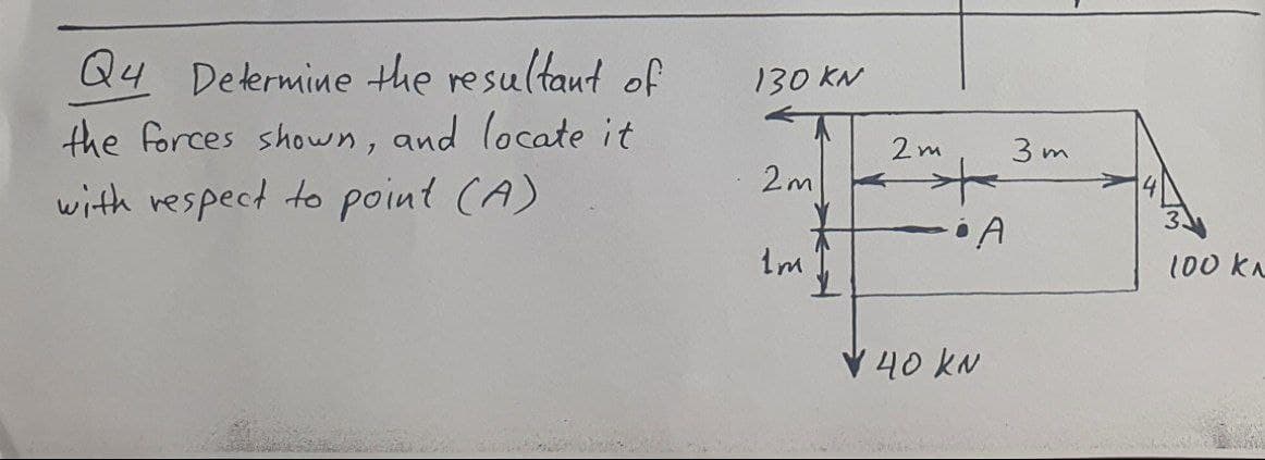 Q4 Determine the resultaut of
the forces shouwn, and locate it
130 KN
2m
3 m
2m
with respect to point (A)
Im
100 kn
V 40 kN
