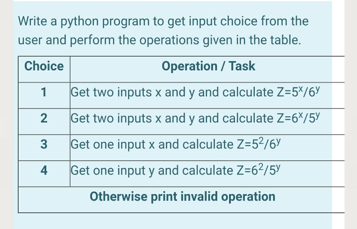 Write a python program to get input choice from the
user and perform the operations given in the table.
Choice
Operation / Task
1
Get two inputs x and y and calculate Z=5*/6y
Get two inputs x and y and calculate Z=6×/5y
Get one input x and calculate Z=5²/6y
4
Get one input y and calculate Z=6²/5y
Otherwise print invalid operation
