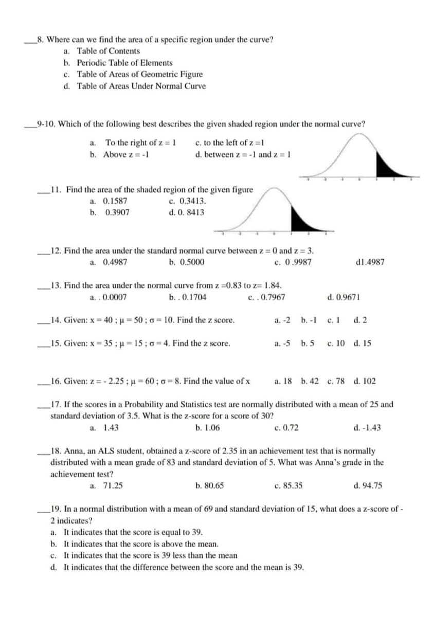 8. Where can we find the area of a specific region under the curve?
a. Table of Contents
b. Periodic Table of Elements
c. Table of Areas of Geometric Figure
d. Table of Areas Under Normal Curve
9-10. Which of the following best describes the given shaded region under the normal curve?
c. to the left of z=1
a. To the right of z=1
b. Above z=-1
d. between z = -1 and z = 1
11. Find the area of the shaded region of the given figure
a.
0.1587
c. 0.3413.
b.
0.3907
d. 0. 8413
12. Find the area under the standard normal curve between z = 0 and z = 3.
a. 0.4987
b. 0.5000
c. 0.9987
d1.4987
13. Find the area under the normal curve from z=0.83 to z= 1.84.
a..0.0007
b..0.1704
c..0.7967
d. 0.9671
14. Given: x=40; μ=50; o 10. Find the z score.
a. -2
b. -1
c. 1
d. 2
15. Given: x= 35; μ = 15; o 4. Find the z score.
a. -5
b. 5
c. 10 d. 15
16. Given: z-2.25; μ=60; o 8. Find the value of x
a. 18 b. 42 c. 78 d. 102
17. If the scores in a Probability and Statistics test are normally distributed with a mean of 25 and
standard deviation of 3.5. What is the z-score for a score of 30?
a. 1.43
b. 1.06
c. 0.72
d. -1.43
18. Anna, an ALS student, obtained a z-score of 2.35 in an achievement test that is normally
distributed with a mean grade of 83 and standard deviation of 5. What was Anna's grade in the
achievement test?
a. 71.25
b. 80.65
c. 85.35
d. 94.75
19. In a normal distribution with a mean of 69 and standard deviation of 15, what does a z-score of -
2 indicates?
a. It indicates that the score is equal to 39.
b. It indicates that the score is above the mean.
c. It indicates that the score is 39 less than the mean
d. It indicates that the difference between the score and the mean is 39.