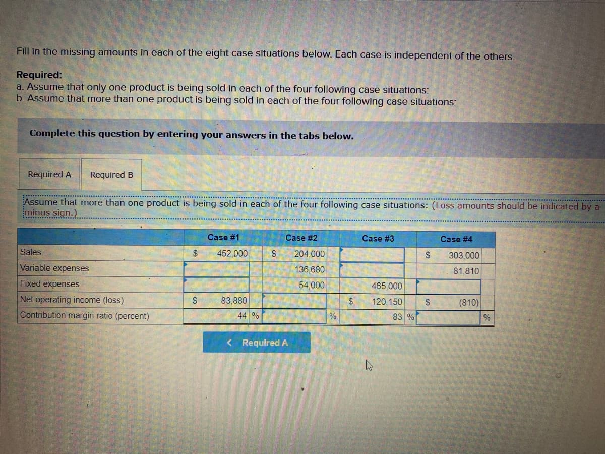 Fill in the missing amounts in each of the eight case situations below. Each case is independent of the others.
Required:
a. Assume that only one product is being sold in each of the four following case situations:
b. Assume that more than one product is being sold in each of the four following case situations:
Complete this question by entering your answers in the tabs below.
Required A
Required B
Assume that more than one product is being sold in each of the four following case situations: (Loss amounts should be indicated by a
minus sign.)
Case #1
Case #2
Case #3
Case #4
Sales
2$
452,000
2$
204,000
2$
303,000
Variable expenses
136,680
81,810
Fixed expenses
54,000
465,000
Net operating income (loss)
2$
83,880
120,150
$
(810)
Contribution margin ratio (percent)
44 %
%
83 %
%
< Required A
