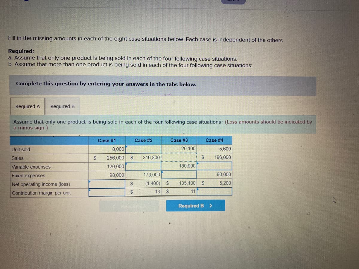 Fill in the missing amounts in each of the eight case situations below. Each case is independent of the others.
Required:
a. Assume that only one product is being sold in each of the four following case situations:
b. Assume that more than one product is being sold in each of the four following case situations:
Complete this question by entering your answers in the tabs below.
Required A
Required B
Assume that only one product is being sold in each of the four following case situations: (Loss amounts should be indicated by
a minus sign.)
Case #1
Case #2
Case #3
Case #4
Unit sold
8,000
20,100
5,600
Sales
2$
256,000
$
316,800
$
196,000
Variable expenses
120,000
180,900
Fixed expenses
90,000
98,000
173,000
Net operating income (loss)
(1,400) S
135,100 $
5,200
Contribution margin per unit
13 $
11
Required B >
