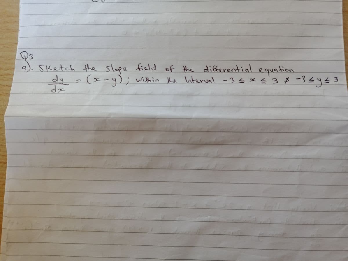 Q3
a).
Sketch the slope field of the differential equation
(x-y); within the Interval -3 ≤ x ≤ 3 * - 3 ≤ y ≤ 3
dy
dx
(1
1
41