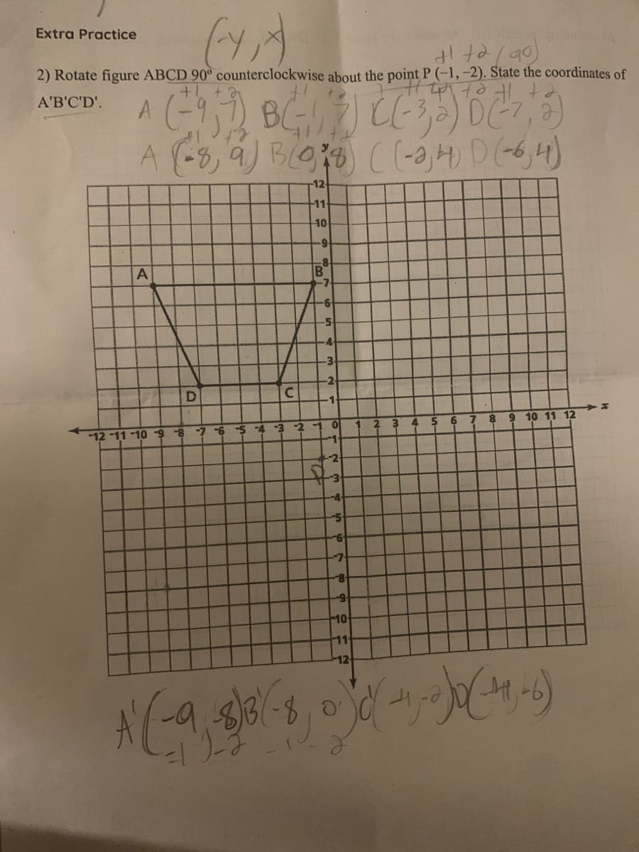 (1₁x)
+1 +2/90)
2) Rotate figure ABCD 90° counterclockwise about the point P (-1, -2). State the coordinates of
A'B'C'D'.
Extra Practice
(-²-95-7) BC-17) C(-3,-) BE
A (-8, 9) B(98) ((-3) 4) D (-6,4)
-12
-11-
10
-9
A
-12 -11 -10 -9 -8
D
с
-5-4
-7 -6
B
-7
-6
-3 2 -
-5
4
-3-
-2
1
0
+2
3
--4
-5
6
-7
8
2
6
8
9
10 11 12
-9
10-
11
12-
A (-9 818-8, 0% 0 + -) 0 (4-6)