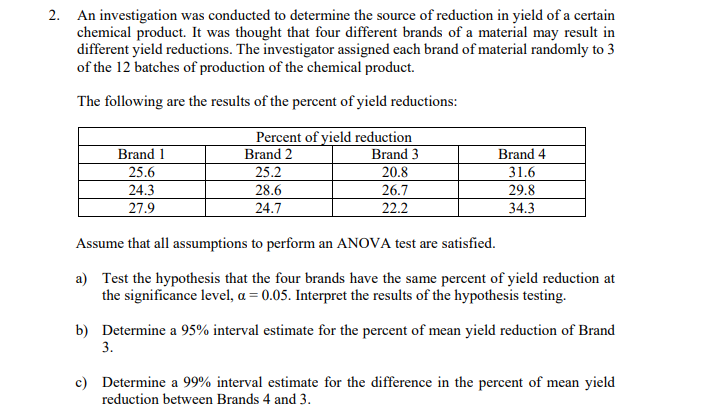 2. An investigation was conducted to determine the source of reduction in yield of a certain
chemical product. It was thought that four different brands of a material may result in
different yield reductions. The investigator assigned each brand of material randomly to 3
of the 12 batches of production of the chemical product.
The following are the results of the percent of yield reductions:
Percent of yield reduction
Brand 3
20.8
Brand 1
Brand 2
Brand 4
25.6
25.2
31.6
24.3
28.6
26.7
29.8
27.9
24.7
22.2
34.3
Assume that all assumptions to perform an ANOVA test are satisfied.
a) Test the hypothesis that the four brands have the same percent of yield reduction at
the significance level, a = 0.05. Interpret the results of the hypothesis testing.
b) Determine a 95% interval estimate for the percent of mean yield reduction of Brand
3.
c) Determine a 99% interval estimate for the difference in the percent of mean yield
reduction between Brands 4 and 3.
