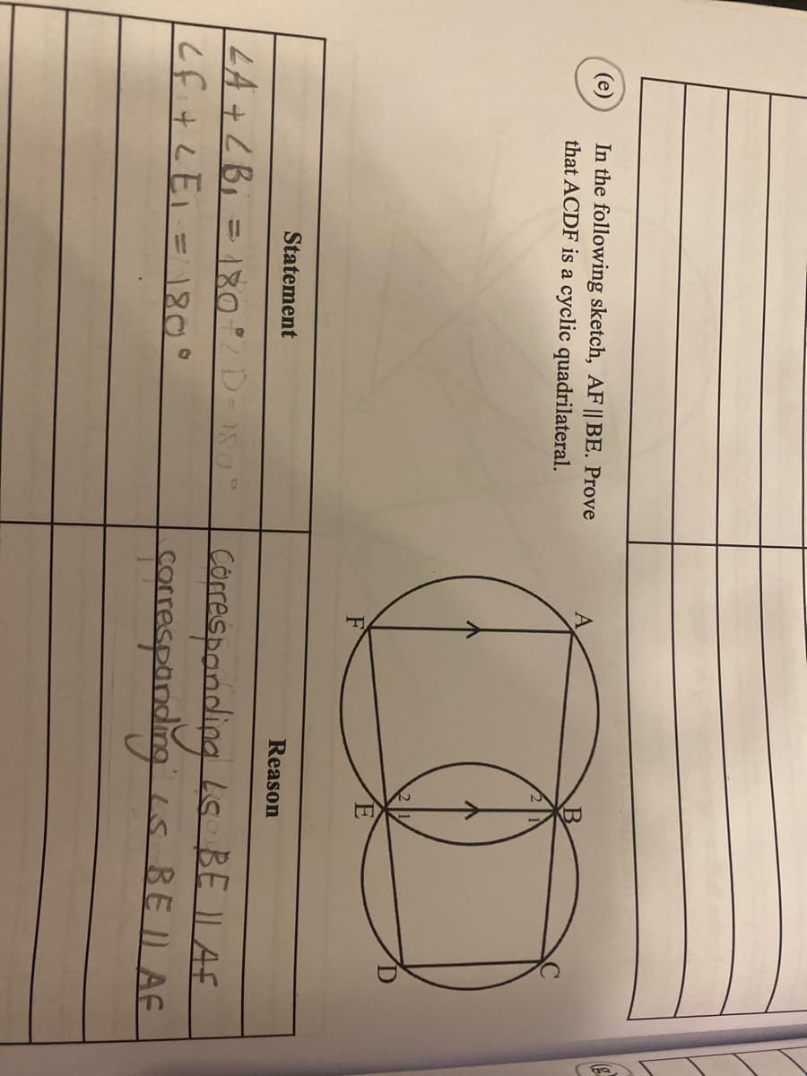 In the following sketch, AF || BE. Prove
that ACDF is a cyclic quadrilateral.
(e)
F
Statement
Reason
LA +L Bi = 180 DeWot CorAspanding Ls BE I| AF
Lf+LEI = 180°
1orrespandings BEl AE
