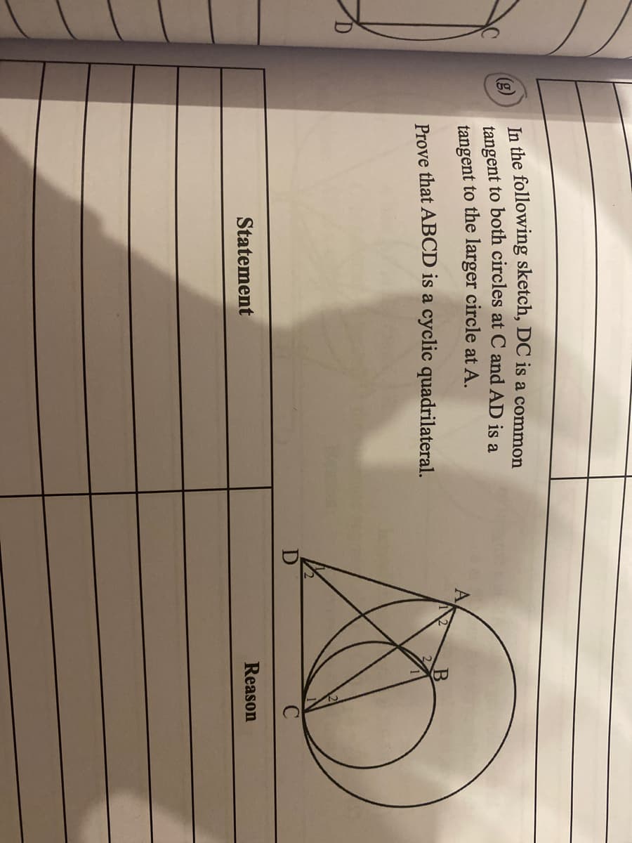 ()
In the following sketch, DC is a common
tangent to both circles at C and AD is a
tangent to the larger circle at A.
Prove that ABCD is a cyclic quadrilateral.
Statement
Reason
