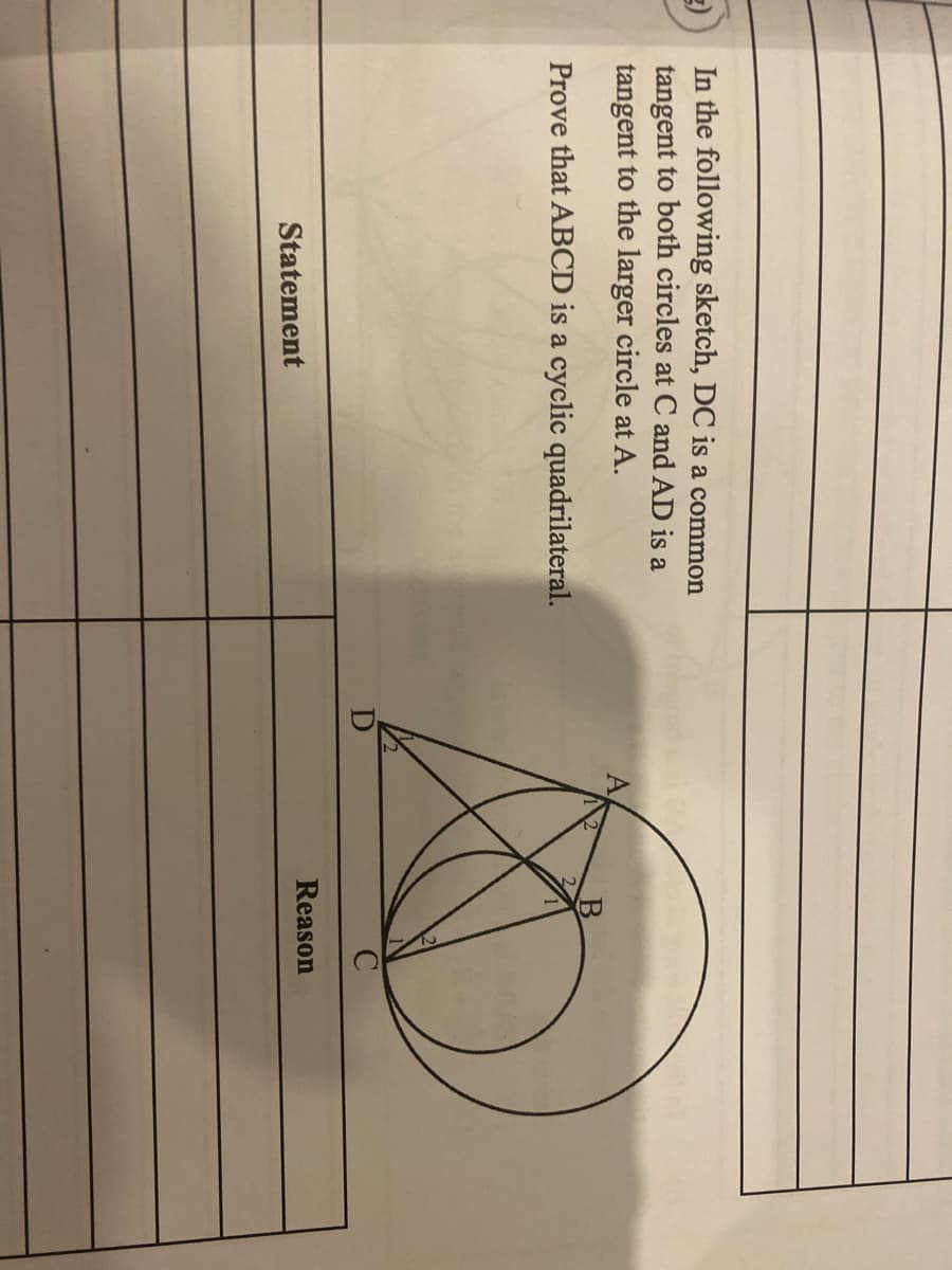 In the following sketch, DC is a common
tangent to both circles at C and AD is a
tangent to the larger circle at A.
Prove that ABCD is a cyclic quadrilateral.
Reason
Statement
