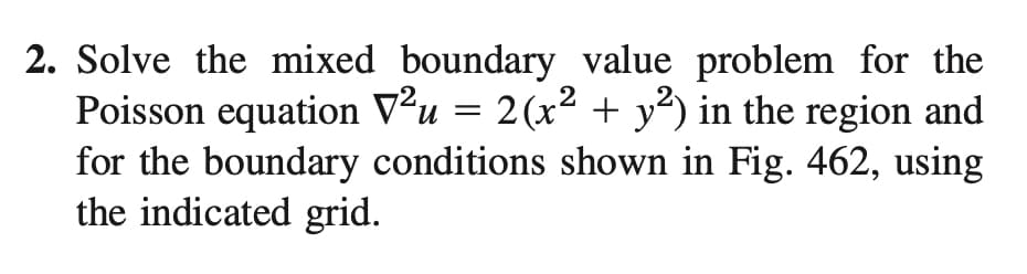 2. Solve the mixed boundary value problem for the
Poisson equation V²u = 2(x² + y²) in the region and
for the boundary conditions shown in Fig. 462, using
the indicated grid.