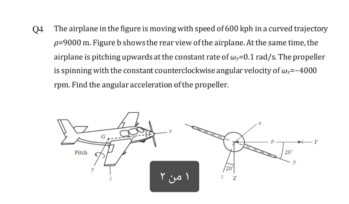 Q4
The airplane in the figure is moving with speed of 600 kph in a curved trajectory
p=9000 m. Figure b shows the rear view of the airplane. At the same time, the
airplane is pitching upwards at the constant rate of wy=0.1 rad/s. The propeller
is spinning with the constant counterclockwise angular velocity of wx=-4000
rpm. Find the angular acceleration of the propeller.
G
Pitch
20°
y
y
من ۲
