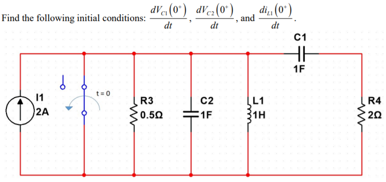 dV« (0*)
(.0)"AP
dt
dVe2(0*)
, and
Find the following initial conditions:
di, (0*)
dt
dt
C1
1F
11
t = 0
R3
C2
L1
2A
R4
0.50
1F
1H
20
