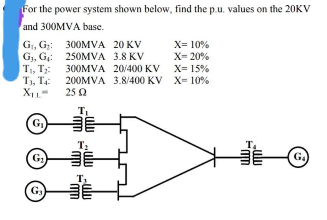 For the power system shown below, find the p.u. values on the 20KV
and 300MVA base.
G1, G2: 300MVA 20 KV
G3, G4: 250MVA 3.8 KV
T1, T2:
Т, Та:
XTL=
X= 10%
X= 20%
300MVA 20/400 KV X= 15%
200MVA 3.8/400 KV X= 10%
25 Q
T2
G2
G4
T3
G3
