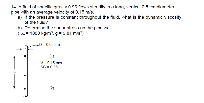 14. A fluid of specific gravity 0.96 flows steadily in a long, vertical 2.5 cm diameter
pipe with an average velocity of 0.15 m/s.
a) If the pressure is constant throughout the fluid, what is the dynamic viscosity
of the fluid?
b) Determine the shear stress on the pipe wall.
(pw = 1000 kg/m³, g = 9.81 m/s²)
D = 0.025 m
-- (1)
V = 0.15 m/s
SG = 0.96
(2)