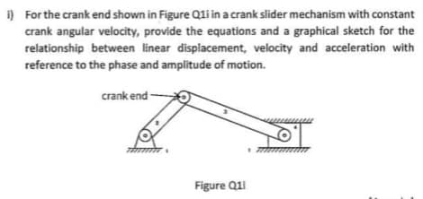 i) For the crank end shown in Figure Qli in a crank slider mechanism with constant
crank angular velocity, provide the equations and a graphical sketch for the
relationship between linear displacement, velocity and acceleration with
reference to the phase and amplitude of motion.
crank end -
Figure Qli
