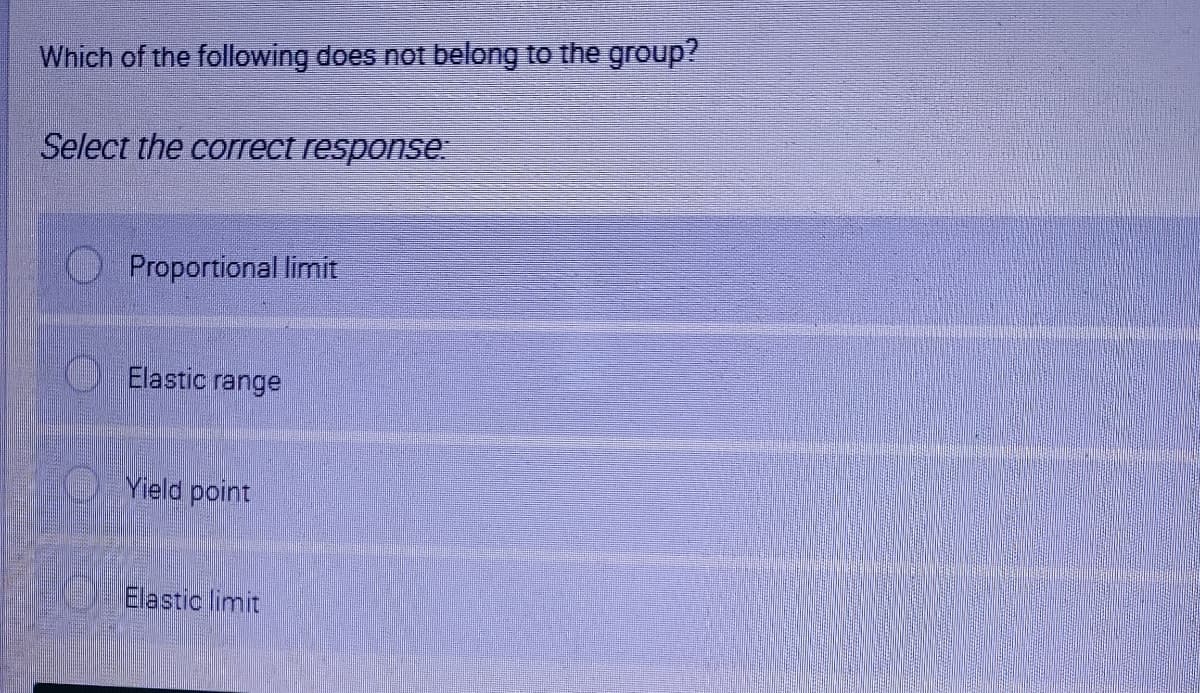 Which of the following does not belong to the group?
Select the corect response.
Proportional limit
Elastic range
Yield point
S Blastic limit
