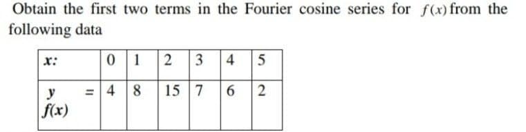 Obtain the first two terms in the Fourier cosine series for f(x)from the
following data
01 2 3 4 5
15 7 6 2
x:
y
=|4 8
f(x)
