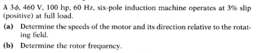 A 36, 460 V, 100 hp, 60 Hz, six-pole induction machine operates at 3% slip
(positive) at full load.
(a) Determine the speeds of the motor and its direction relative to the rotat-
ing field.
(b) Determine the rotor frequency.