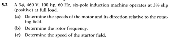 5.2
A 36, 460 V, 100 hp, 60 Hz, six-pole induction machine operates at 3% slip
(positive) at full load.
(a) Determine the speeds of the motor and its direction relative to the rotat-
ing field.
(b) Determine the rotor frequency.
(c) Determine the speed of the startor field.