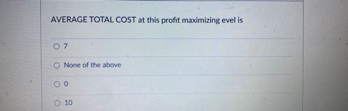 AVERAGE TOTAL COST at this profit maximizing evel is
O None of the above
O 10
