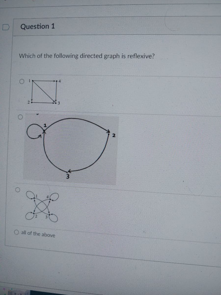 Question 1
Which of the following directed graph is reflexive?
O all of the above
114