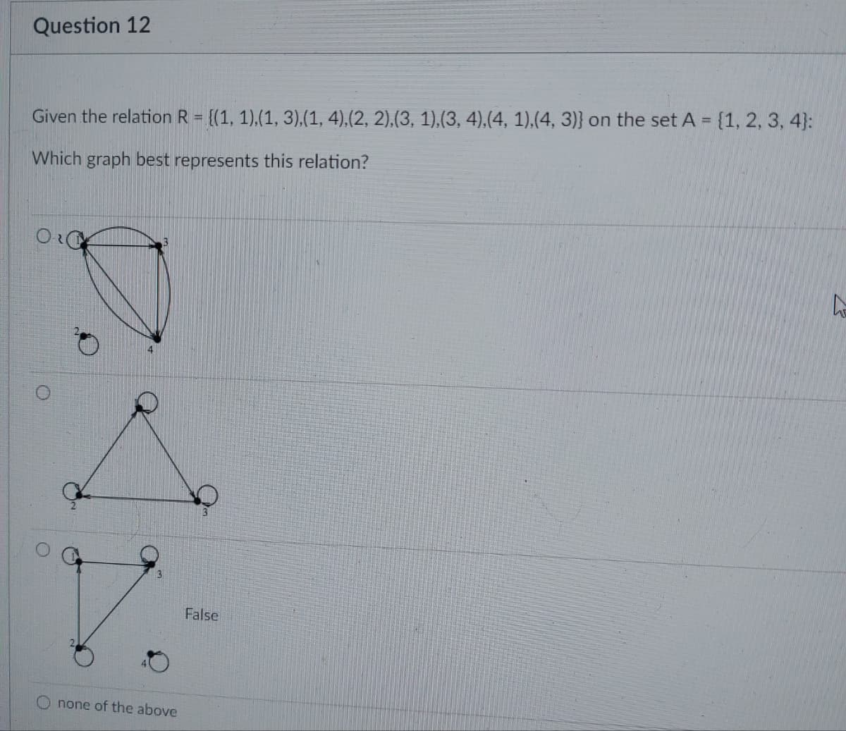 Question 12
Given the relation R = {(1, 1),(1, 3),(1, 4),(2, 2),(3, 1),(3, 4),(4, 1),(4, 3)} on the set A = {1, 2, 3, 4]:
Which graph best represents this relation?
O
none of the above
False
A