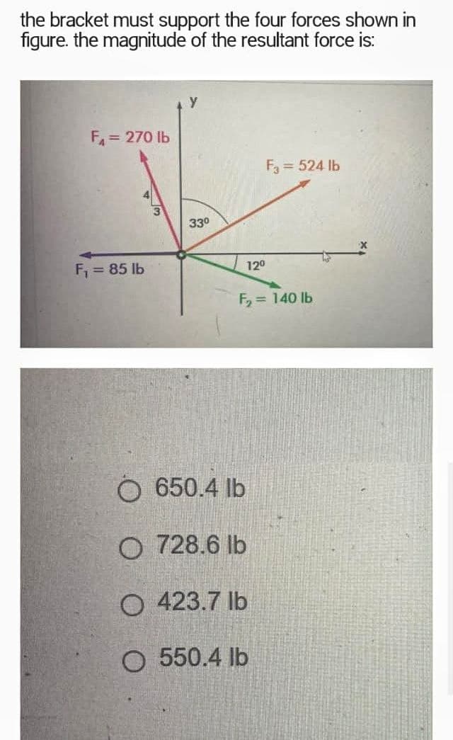 the bracket must support the four forces shown in
figure. the magnitude of the resultant force is:
F= 270 lb
F = 524 Ib
330
F, = 85 lb
120
F, = 140 lb
O 650.4 lb
O 728.6 Ib
O 423.7 Ib
O 550.4 lb
