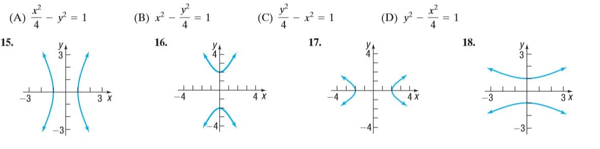 (A) - y = 1
- x? = 1
4
(D) y
(В) х?
= 1
= 1
4
15.
16.
17.
18.
yA
3
y.
4
3 X
-4
4 X
4 X
-3
3 X
-3-
-3-
