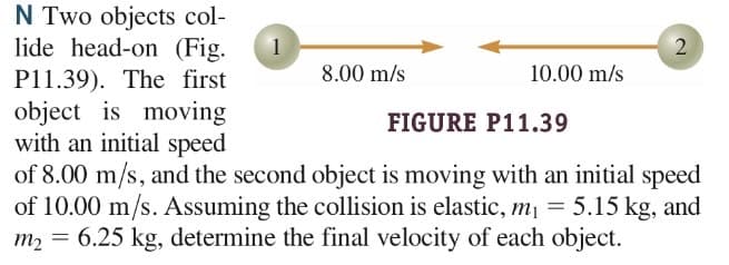 N Two objects col-
lide head-on (Fig.
P11.39). The first
object is moving
with an initial speed
of 8.00 m/s, and the second object is moving with an initial speed
of 10.00 m/s. Assuming the collision is elastic, m = 5.15 kg, and
m2 = 6.25 kg, determine the final velocity of each object.
1
8.00 m/s
10.00 m/s
FIGURE P11.39
