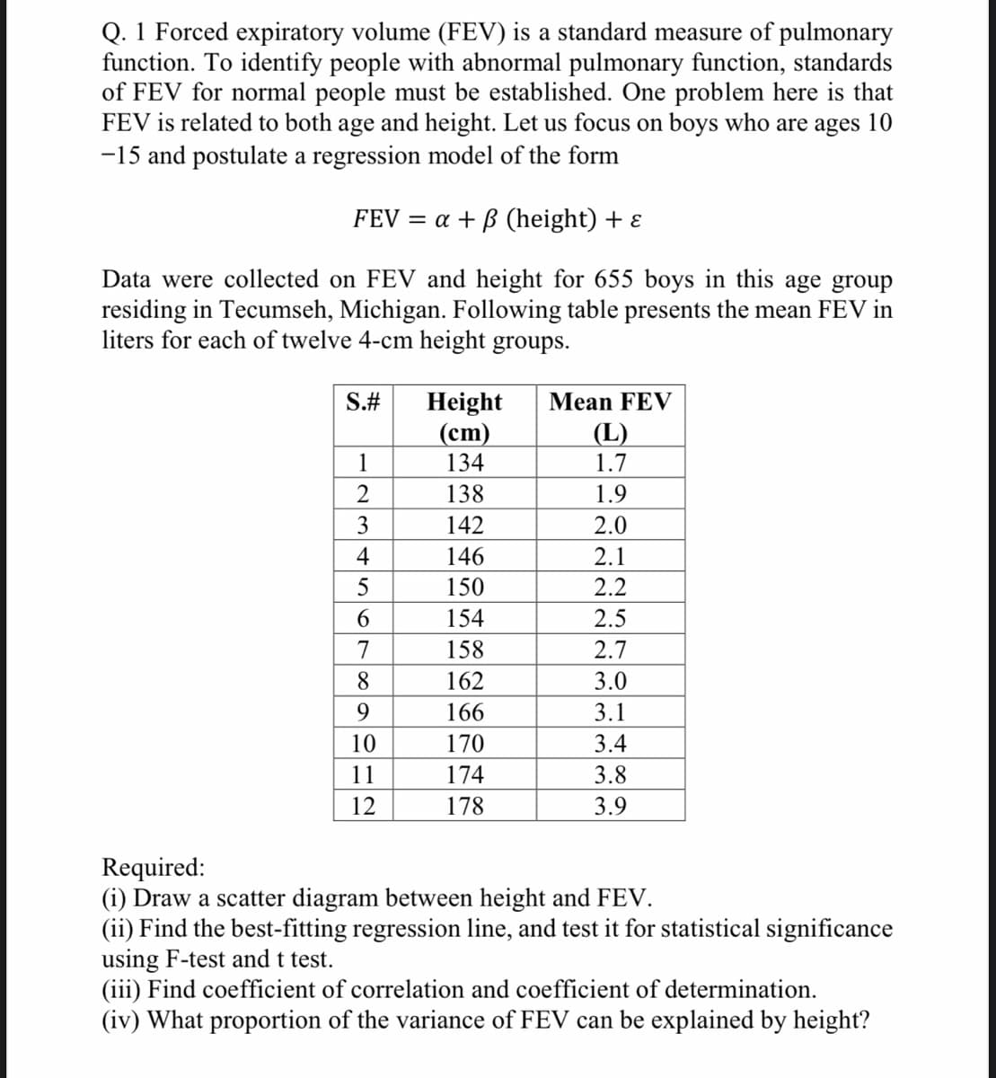 Q. 1 Forced expiratory volume (FEV) is a standard measure of pulmonary
function. To identify people with abnormal pulmonary function, standards
of FEV for normal people must be established. One problem here is that
FEV is related to both age and height. Let us focus on boys who are ages 10
-15 and postulate a regression model of the form
FEV
= a + B (height) + ɛ
Data were collected on FEV and height for 655 boys in this age group
residing in Tecumseh, Michigan. Following table presents the mean FEV in
liters for each of twelve 4-cm height groups.
S.#
Height
(cm)
134
Mean FEV
(L)
1
1.7
138
1.9
3
142
2.0
4
146
2.1
150
2.2
6.
154
2.5
7
158
2.7
8.
162
3.0
9.
166
3.1
10
170
3.4
11
174
3.8
12
178
3.9
Required:
(i) Draw a scatter diagram between height and FEV.
(ii) Find the best-fitting regression line, and test it for statistical significance
using F-test and t test.
(iii) Find coefficient of correlation and coefficient of determination.
(iv) What proportion of the variance of FEV can be explained by height?
