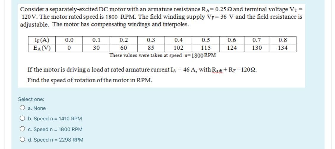 Consider a separately-excited DC motor with an armature resistance RA= 0.25 Nand terminal voltage VT =
120 V. The motor rated speed is 1800 RPM. The field winding supply VF= 36 V and the field resistance is
adjustable. The motor has compensating windings and interpoles.
IF (A)
EA (V)
0.0
0.1
0.2
0.3
0.4
0.5
0.6
0.7
0.8
30
60
85
102
115
124
130
134
These values were taken at speed n=1800RPM
If the motor is driving a load at rated armature current IA = 46 A, with Radi +RF =1202.
Find the speed of rotation of the motor in RPM.
Select one:
O a. None
O b. Speed n 1410 RPM
O c. Speed n = 1800 RPM
O d. Speed n = 2298 RPM
