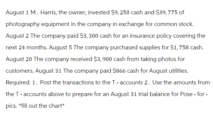 August 1 M. Harris, the owner, invested $9, 250 cash and $39,775 of
photography equipment in the company in exchange for common stock.
August 2 The company paid $3,300 cash for an insurance policy covering the
next 24 months. August 5 The company purchased supplies for $1,758 cash.
August 20 The company received $3,900 cash from taking photos for
customers. August 31 The company paid $866 cash for August utilities.
Required: 1. Post the transactions to the T - accounts 2. Use the amounts from
the T - accounts above to prepare for an August 31 trial balance for Pose - for -
pics. *fill out the chart*