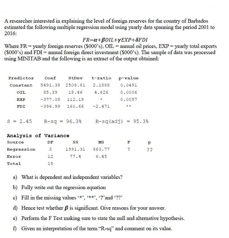 A researcher interested in explaining the level of foreign reserves for the country of Barbados
estimated the following multiple regression model using yearly data spanning the period 2001 to
2016:
FR=a+BOIL+YEXP+8FDI
Where FR = yearly foreign reserves ($000's), OIL = annual oil prices, EXP= yearly total exports
(S000's) and FDI = annual foreign direct investment ($000's). The sample of data was processed
using MINITAB and the following is an extract of the output obtained:
Predictor
Coef
StDev
t-ratio
p-value
Constant
5491.38
2508.81
2.1888
0.0491
OIL
85.39
18.46
4.626
0.0006
EXP
-377.08
112.19
0.0057
FDI
-396.99
160.66
-2.471
S = 2.45
R-sq = 96.3%
R-sq (adj) = 95.3%
Analysis of Variance
Source
DF
MS
F
Regression
3
1991.31
663.77
??
Error
12
77.4
6.45
Total
15
a) What is dependent and independent variables?
b) Fully write out the regression equation
c) Fill in the missing values *', **', ?'and ??
d) Hence test whether B is significant. Give reasons for your answer.
e) Perform the F Test making sure to state the null and altemative hypothesis.
f) Given an interpretation of the term "R-sq" and comment on its value.
