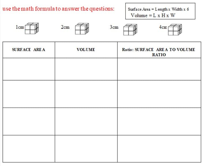 use the math formula to answer the questions:
Surface Area = Length x Width x 6
Volume = L x H x W
1cm
2cm
3cm
4cm
SURFACE ARE A
VOLUME
Ratio: SURFACE ARE A TO VOLUME
RATIO
