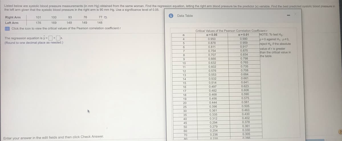 Listed below are systolic blood pressure measurements (in mm Hg) obtained from the same woman. Find the regression equation, letting the right arm blood pressure be the predictor (x) variable. Find the best predicted systolic blood pressure in
the left arm given that the systolic blood pressure in the right am is 90 mm Hg. Use a significance level of 0.05.
Data Table
Right Arm
101
100
93
76
77 D
Left Arm
176
169
149
149
148
E Click the icon to view the critical values of the Pearson correlation coefficient r
Critical Values of the Pearson Correlation Coefficient r
= 0.05
a= 0.01
NOTE: To test Hg:
The regression equation is y =+ x.
(Round to one decimal place as needed.)
0.950
0.878
0.811
0.990
0.959
0.917
p=0 against H,:p#0,
reject Ho if the absolute
value of r is greater
than the critical value in
the table.
4.
6
7
0.754
0.875
8.
0.707
0.834
0.666
0.798
10
0.632
0.765
11
0.602
0.735
0.708
0.576
0.553
0.532
0.514
12
13
0.684
14
0.661
15
0.641
0.623
0.606
16
0.497
0.482
0.468
17
0.590
0.575
18
19
0.456
20
0.444
0.561
0.505
0.463
25
0.396
30
0.361
35
0.335
0.430
40
0.312
0.402
45
0.294
0.378
50
0.279
0.361
60
0.254
0.330
0.236
0 220
70
0.305
Enter your answer in the edit fields and then click Check Answer.
0 286.
80
